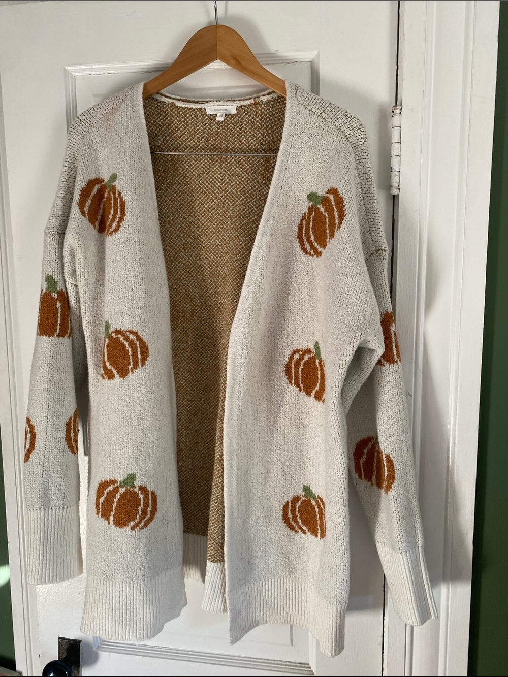 Maurices Cream Open-Front Cardigan with Pumpkin Motif